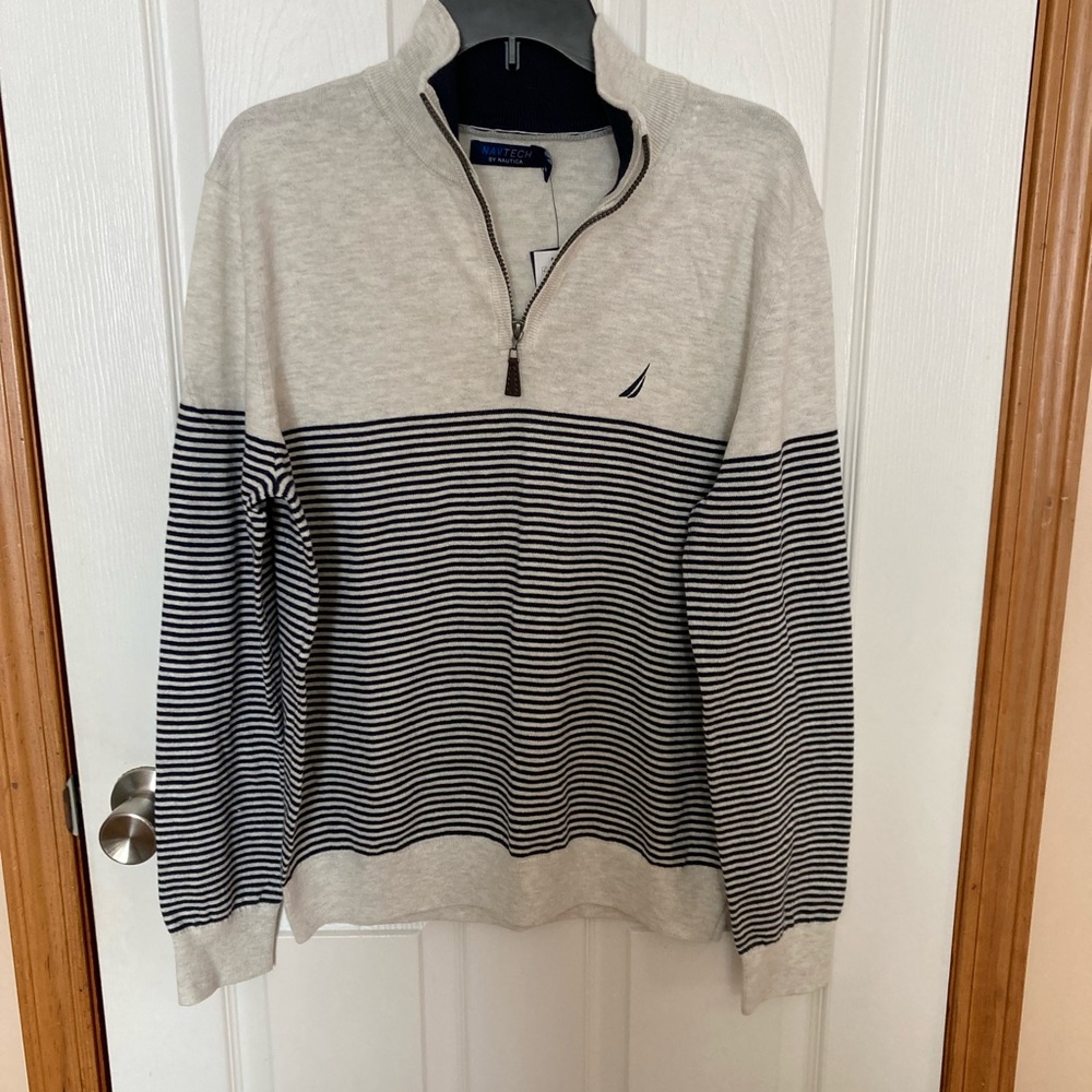 NWT Nautica Men's Beige and Navy Striped Zip-Up Sweater Sz Medium